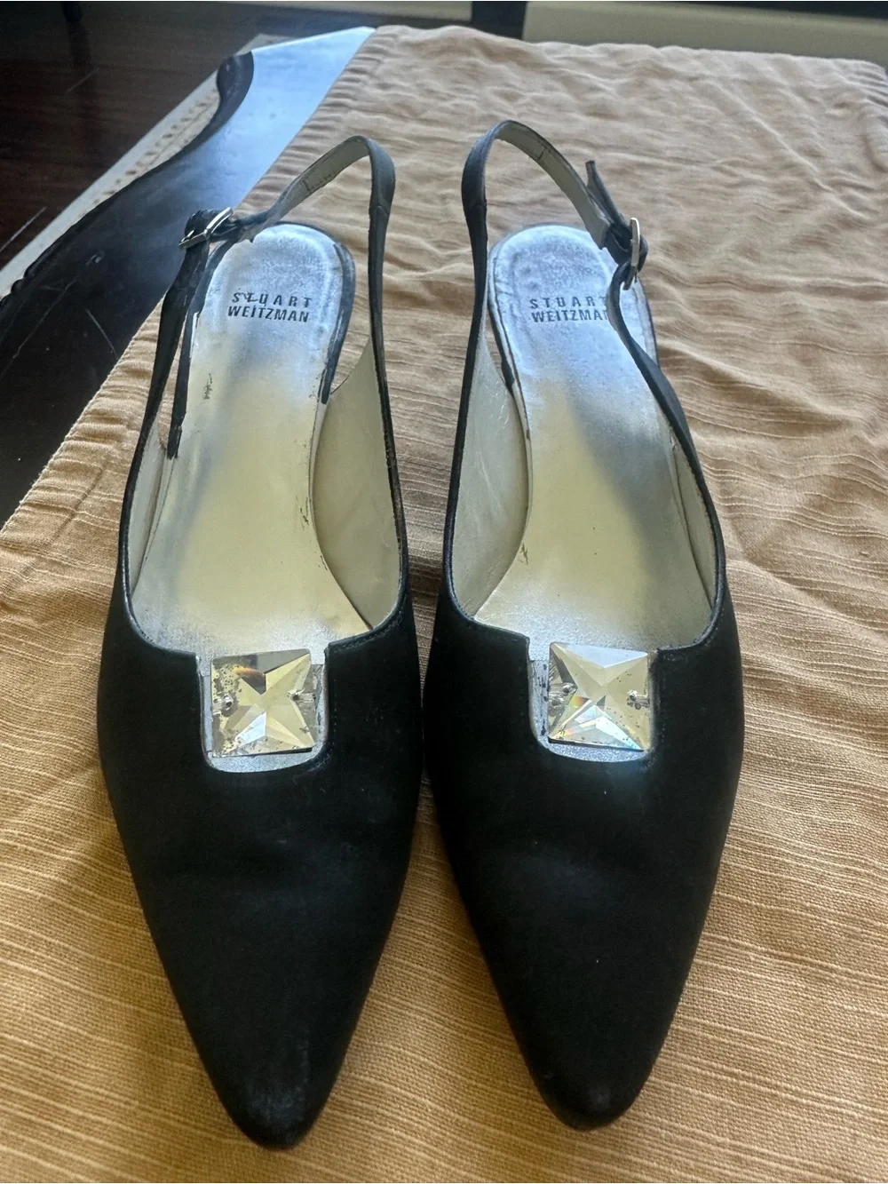 Stuart Weitzman Black Satin Kitten Heels Sling Back 8.5N